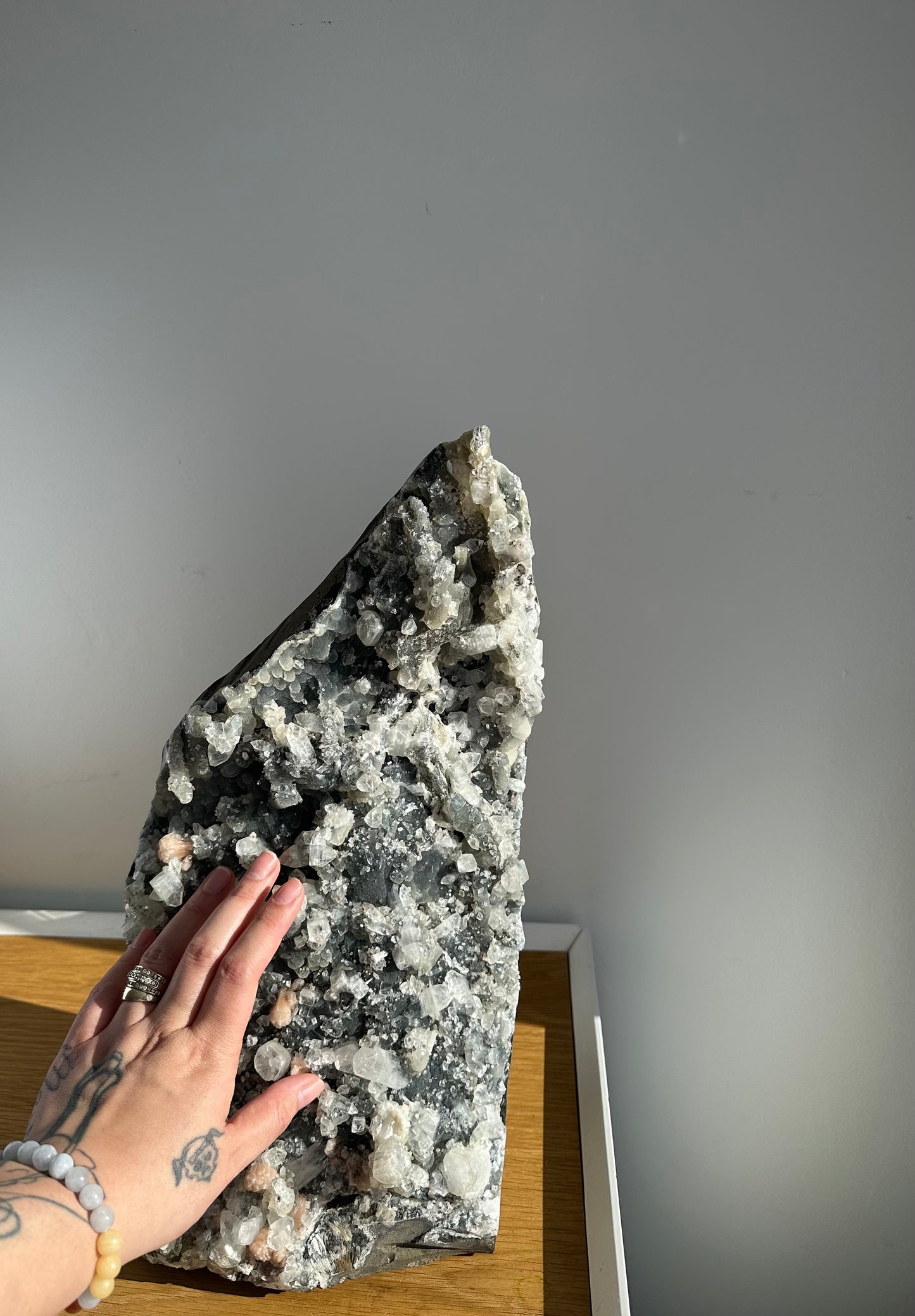 Apophyllite on Black Chalcedony with Peach Stilbite