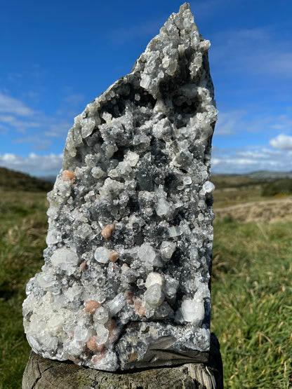 Apophyllite on Black Chalcedony with Peach Stilbite