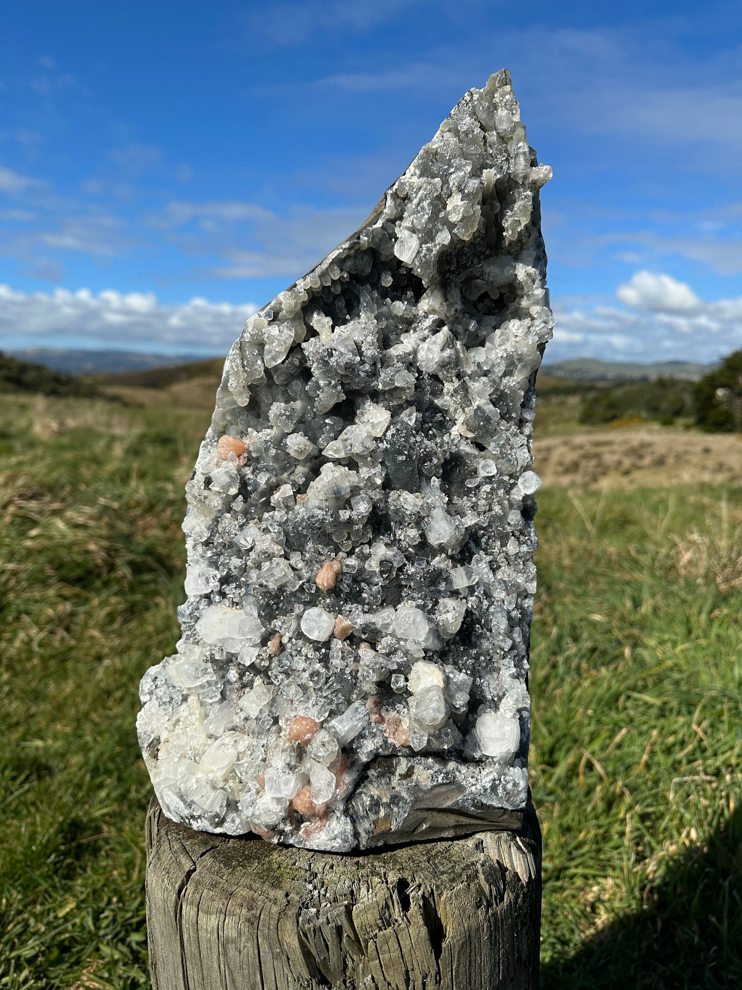 Apophyllite on Black Chalcedony with Peach Stilbite