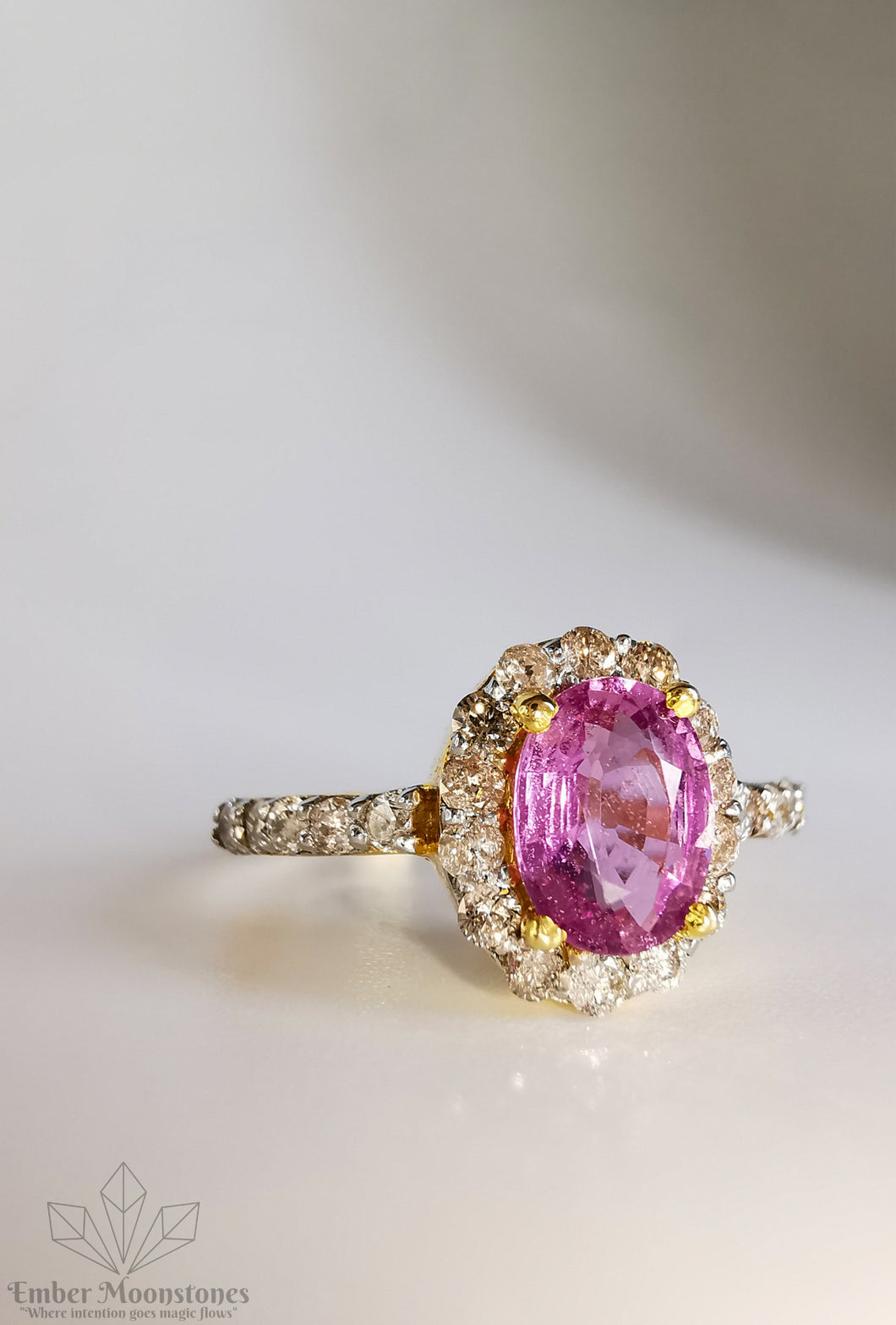 Pink Sapphire and Diamond Cluster 10k Gold Ring