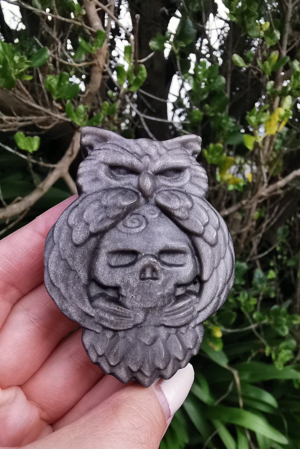 Silver Sheen Obsidian Owl & Skull