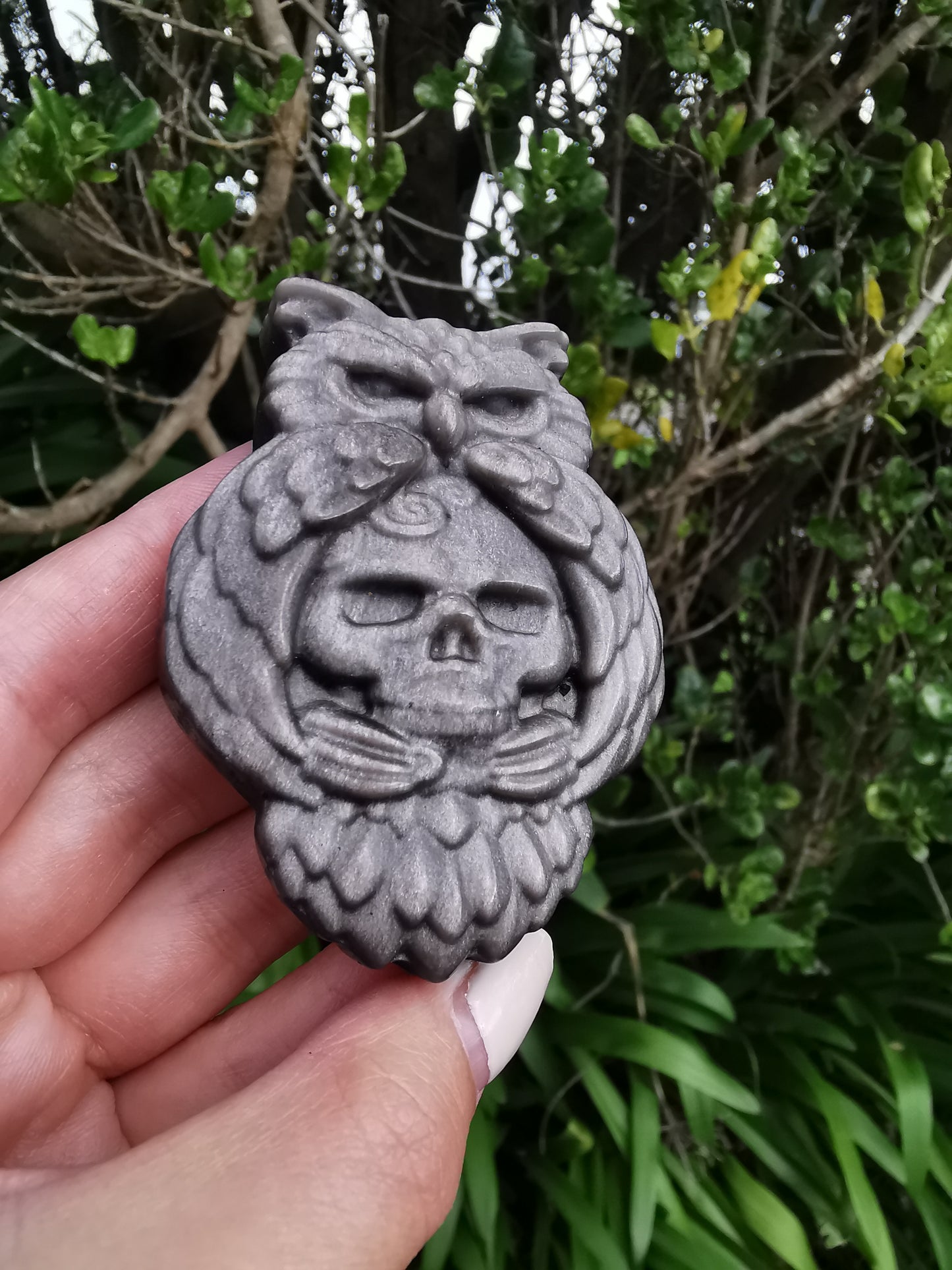 Silver Sheen Obsidian Owl & Skull