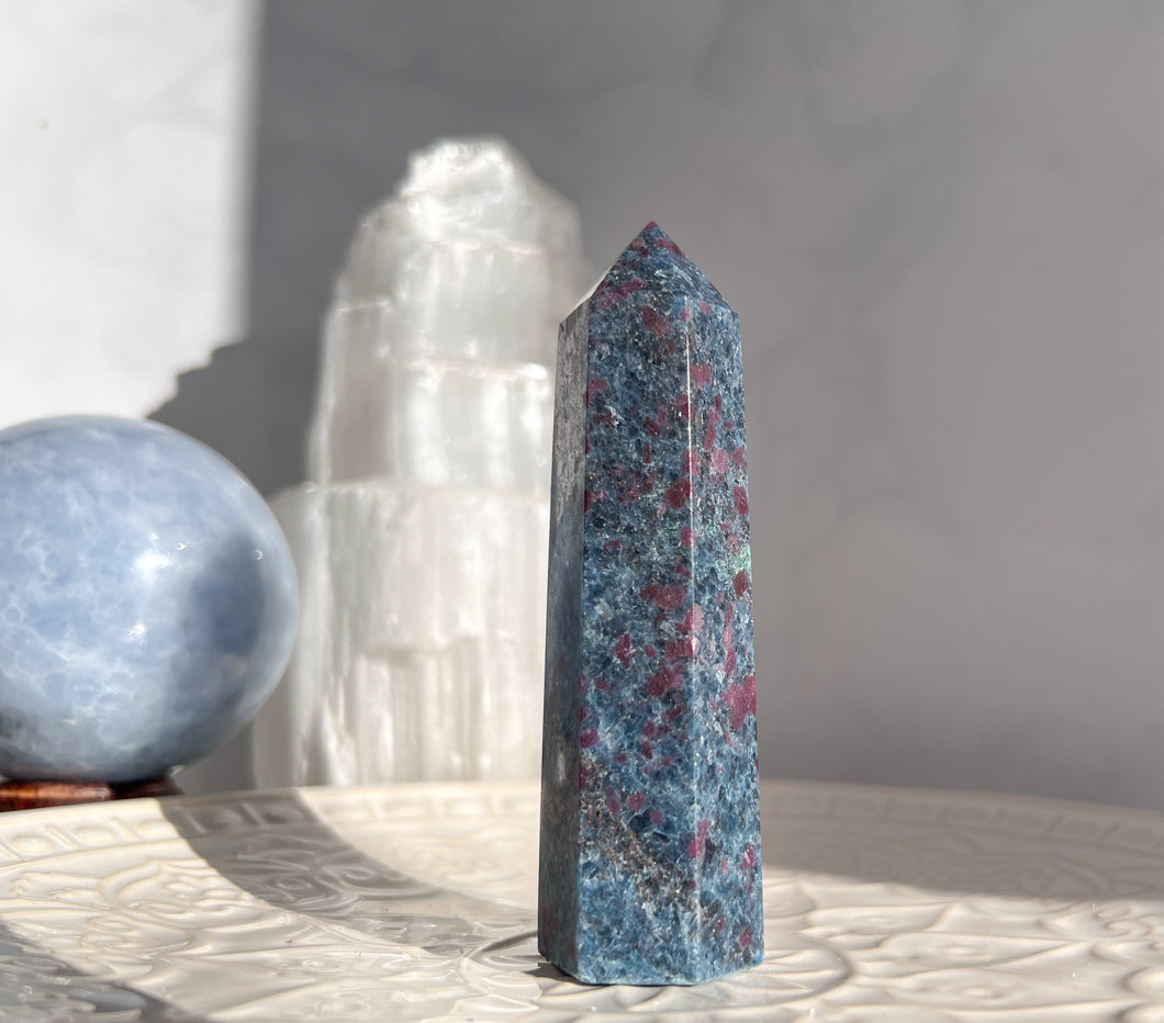 Blue Kyanite,Ruby and Fuchsite Point