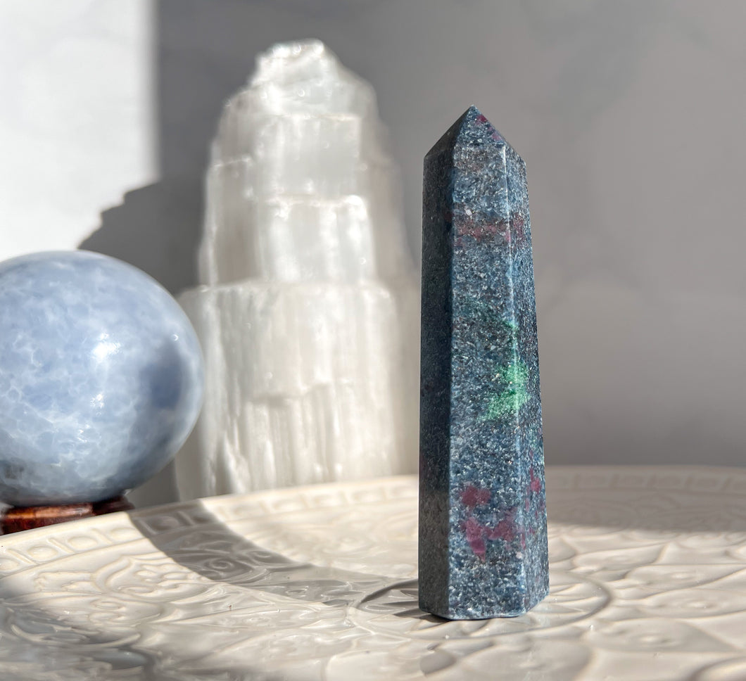 Blue Kyanite, Ruby and Fuchsite Point