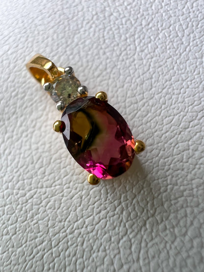 Watermelon Tourmaline and Diamond 10k Gold Pendant