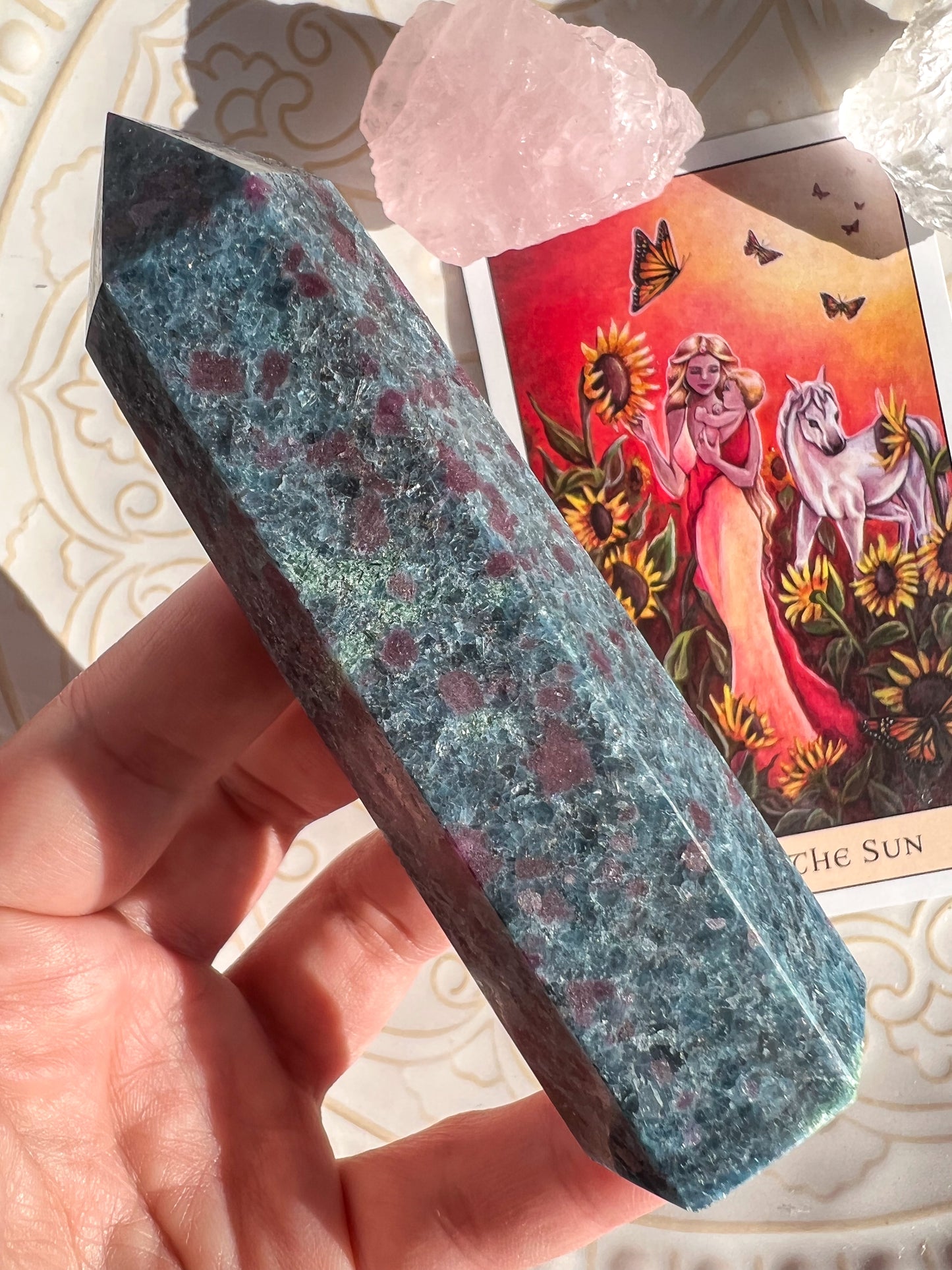 Blue Kyanite,Ruby and Fuchsite Point