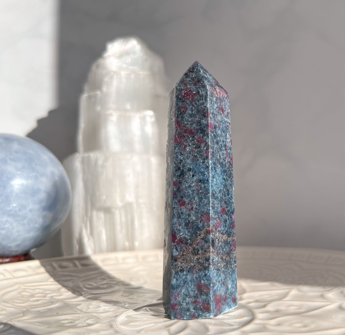 Blue Kyanite,Ruby and Fuchsite Point