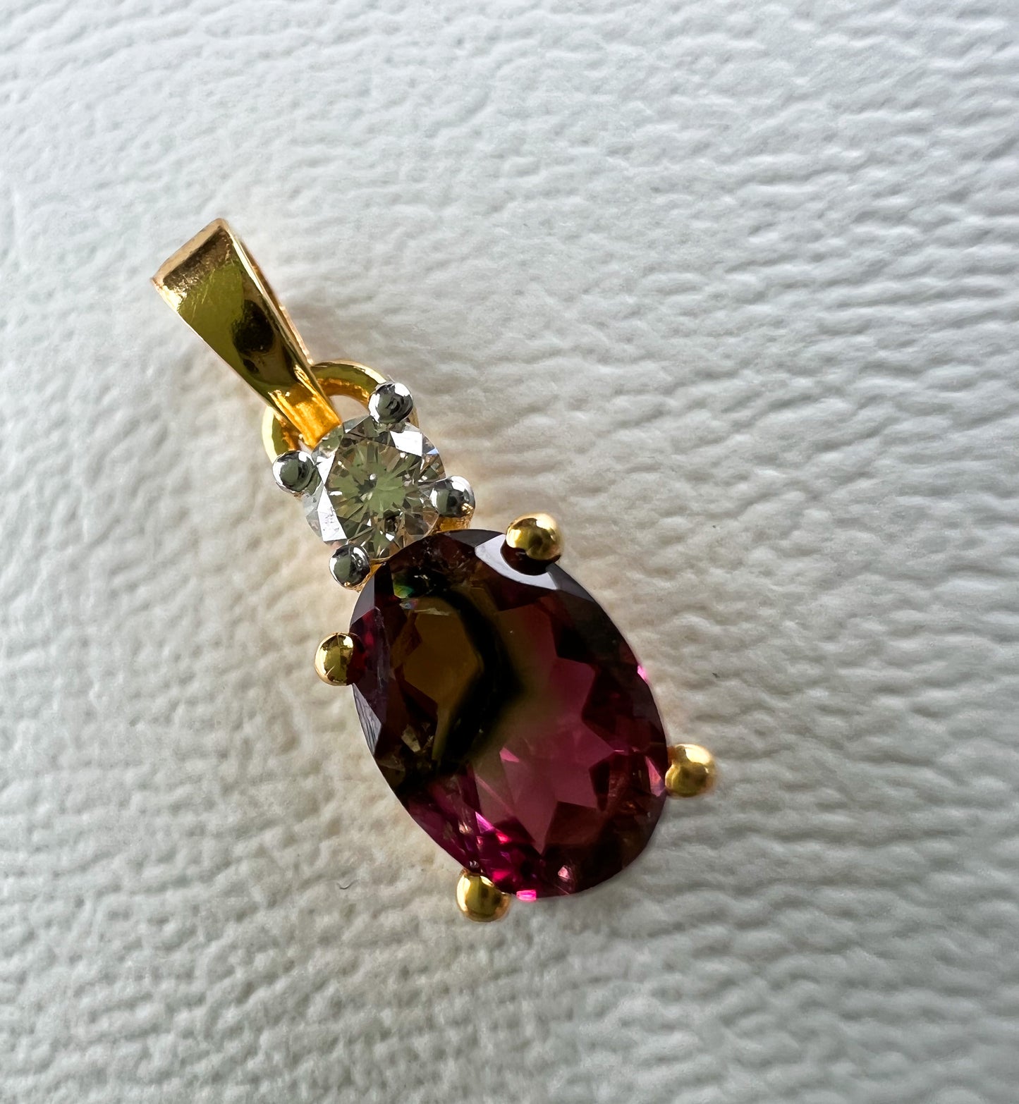 Watermelon Tourmaline and Diamond 10k Gold Pendant