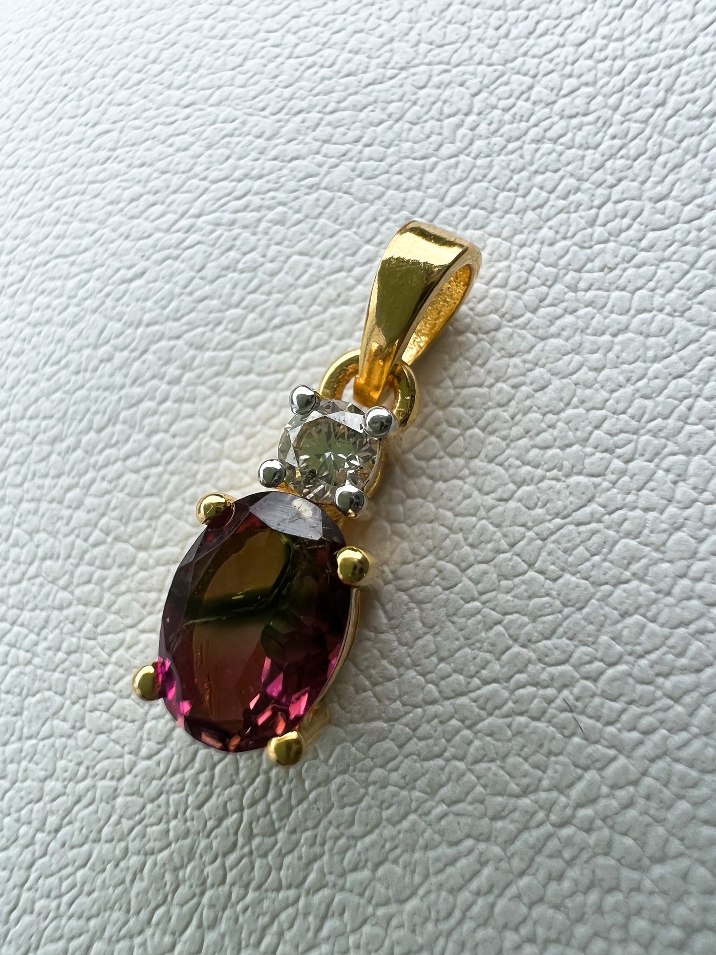 Watermelon Tourmaline and Diamond 10k Gold Pendant