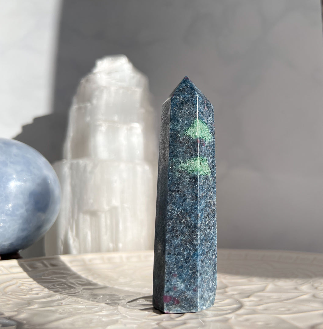 Blue Kyanite,Ruby and Fuchsite Point