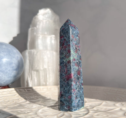 Blue Kyanite,Ruby and Fuchsite Point