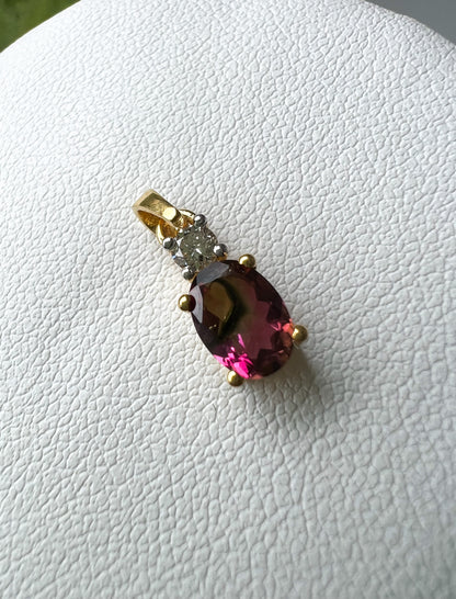 Watermelon Tourmaline and Diamond 10k Gold Pendant